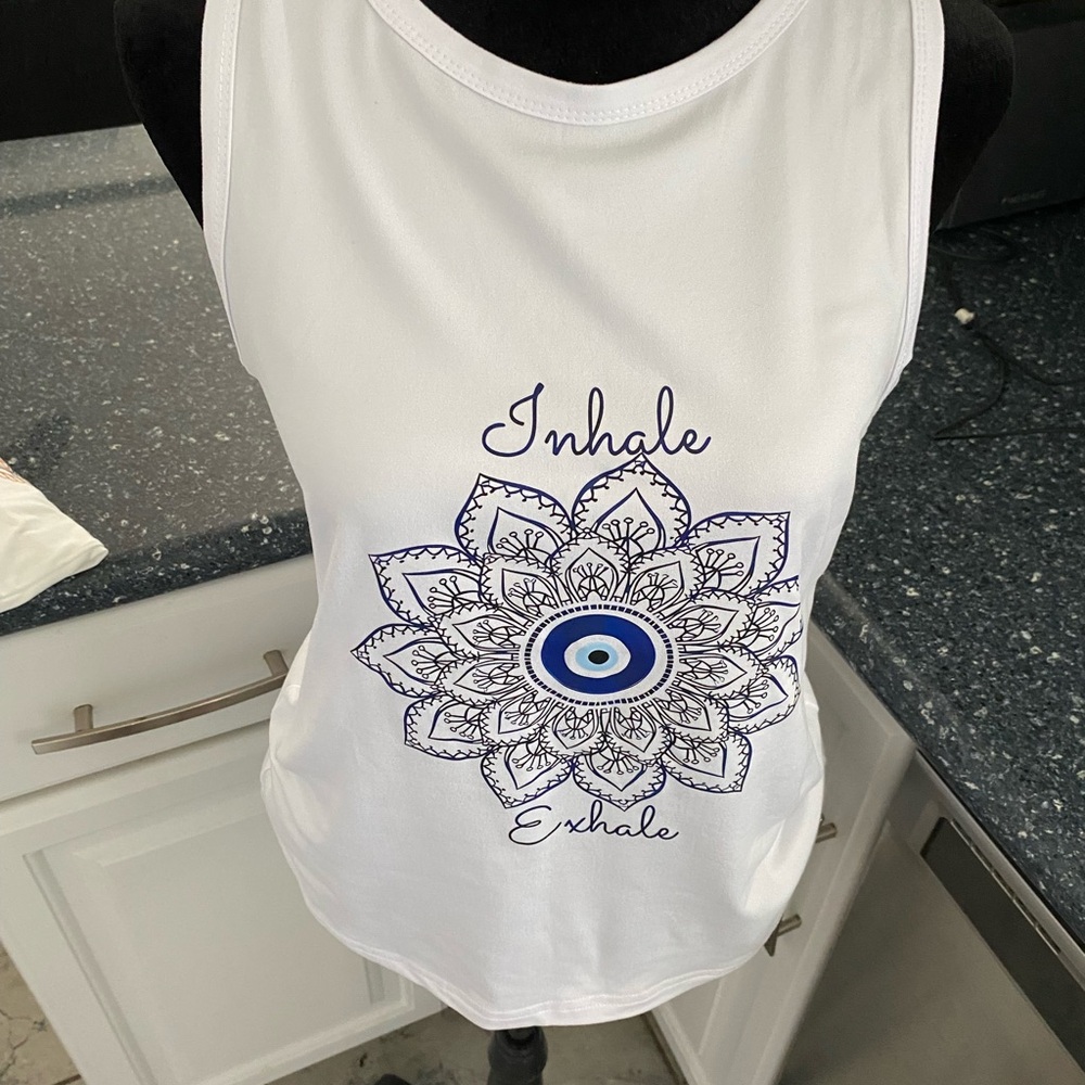 White 'Inhale Exhale' Sleeveless Tank Top with Blue Mandala Graphic